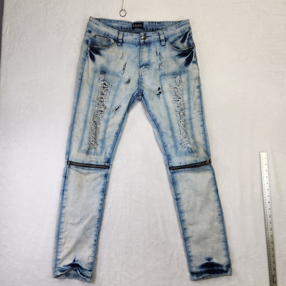 Black Premium Skinny Flex Mens 34x30 Light Wash Distressed Moto Zipper Jeans